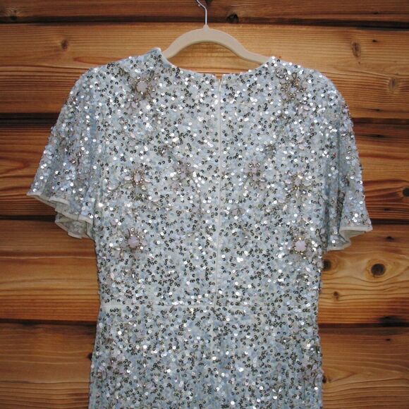 MAC DUGGAL 93932 Blue Flutter Sleeve Sequin High Neck Gown Dress - Picture 11 of 13